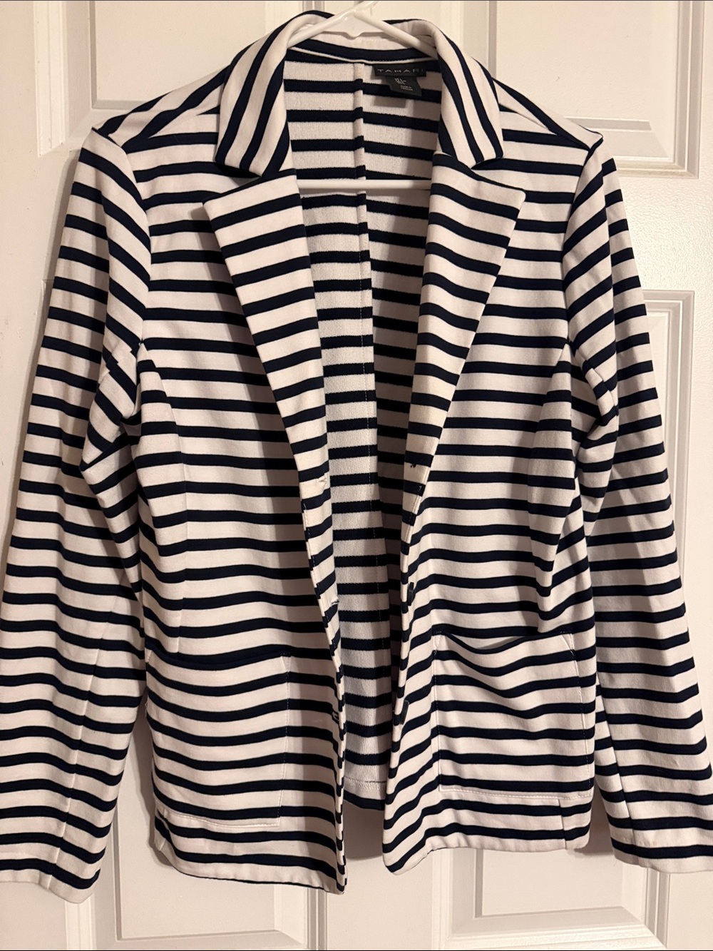 Tahari Navy & White Striped Open-Front Blazer